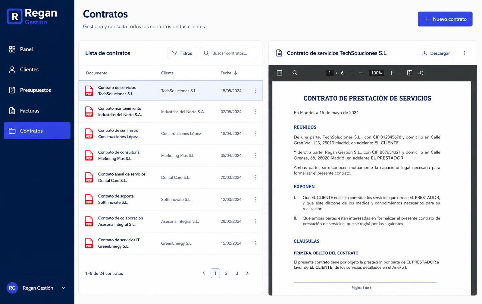 Captura de Regan Gestión: Contratos